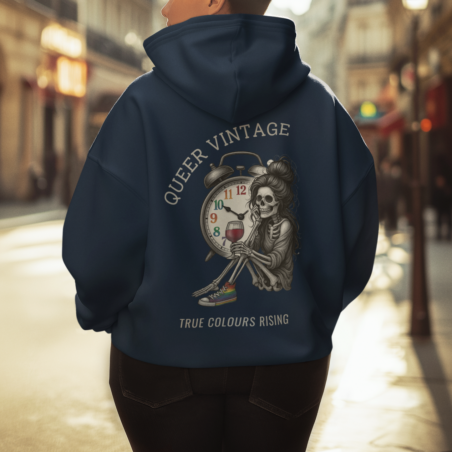 Queer Vintage -True Colours Rising Skeleton Clock Hoodie artwork printed on recycled cotton hoodie