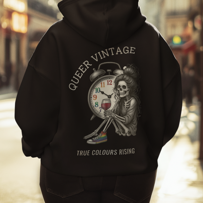 Queer Vintage -True Colours Rising Skeleton Clock Hoodie Rear detail of statement skeleton clock design on modern queer streetwear hoodie