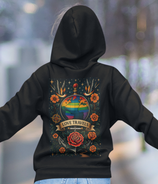True Colours Rising Love Travels hoodie with rainbow globe, roses, and anchor tattoo art.