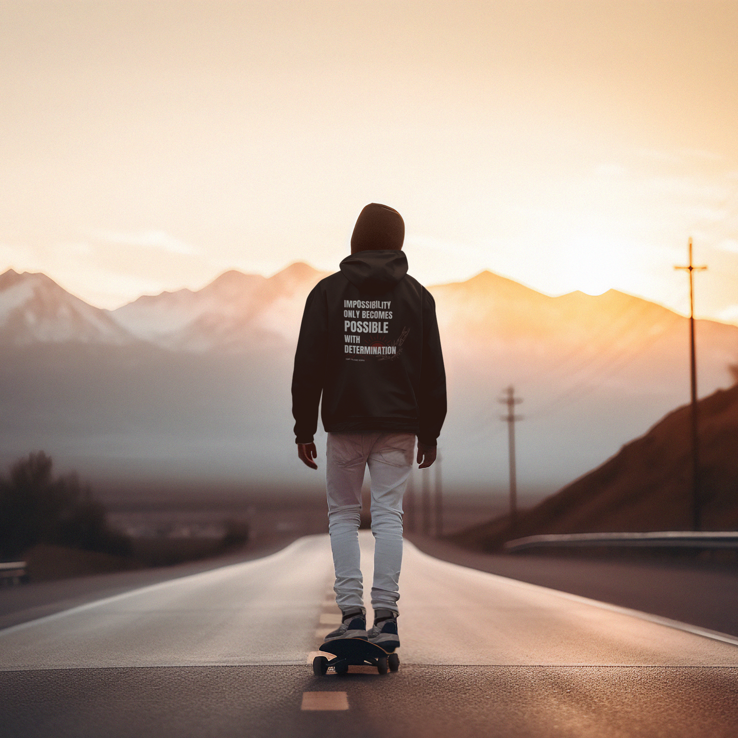 Black hoodie with strong motivational slogan photographed in natural light