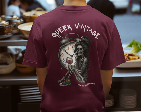 Queer Vintage skeleton t-shirt with clock, rainbow sneakers, and wine glass design.
