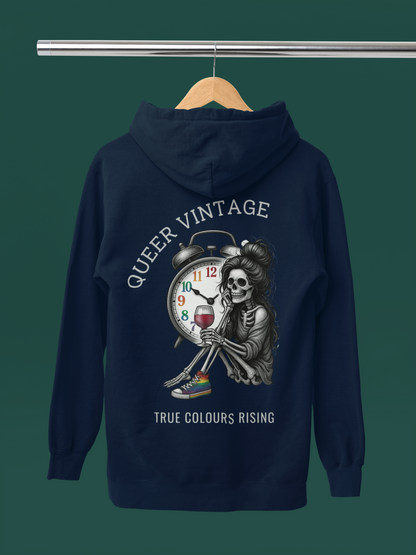 Queer Vintage -True Colours Rising Skeleton Clock Hoodie Rear view of unisex Queer Vintage hoodie with statement skeleton clock artwork