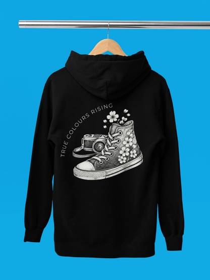 Black hoodie with a graphic design of a sneaker and flowers on a blue background