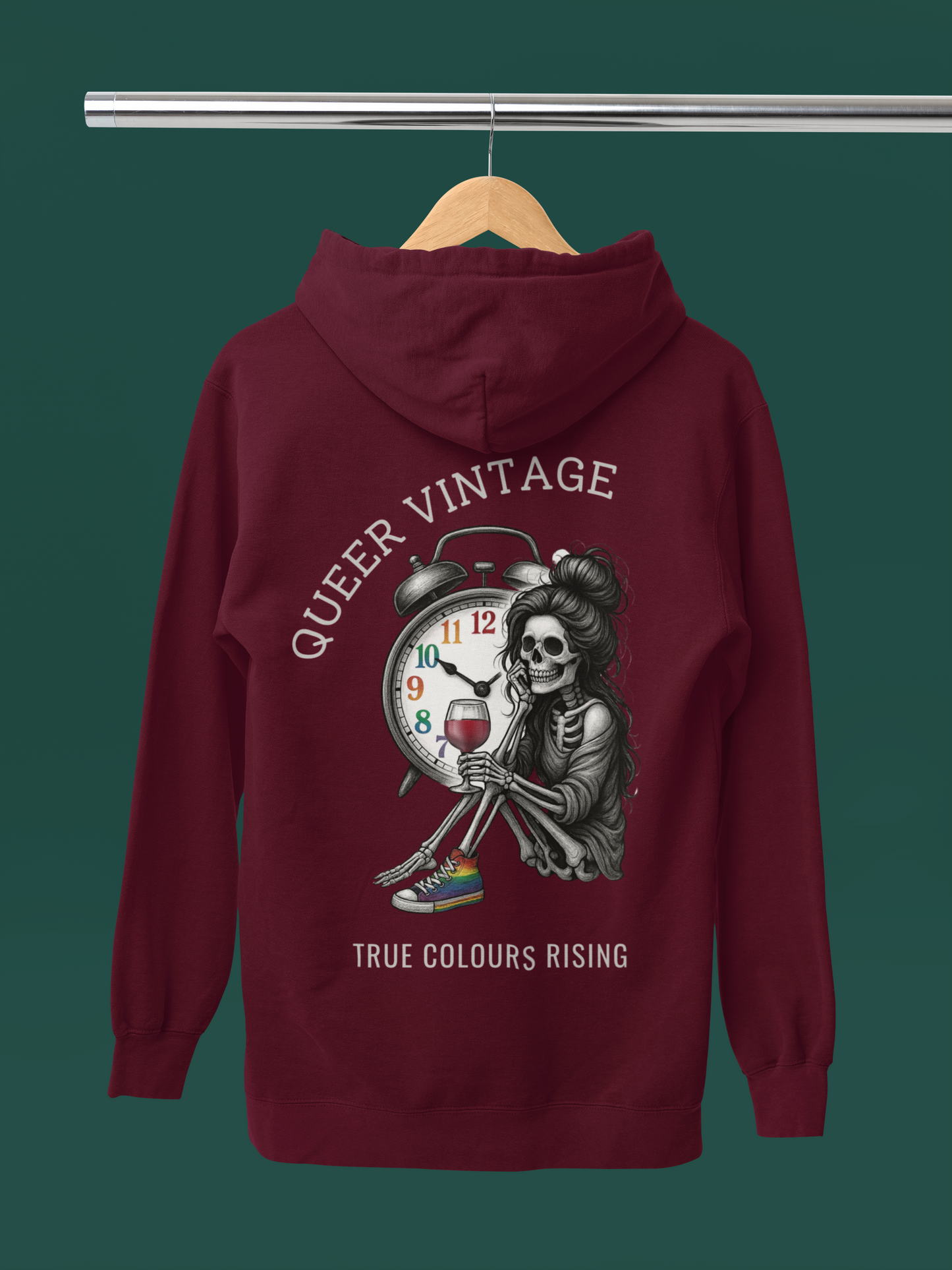 Back view of Queer Vintage -True Colours Rising Skeleton Clock Hoodie with bold vintage skeleton illustration
