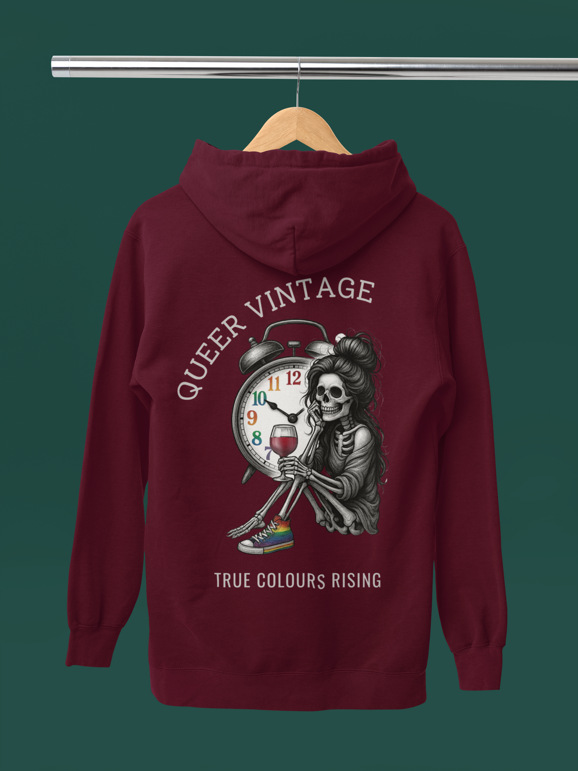Back view of Queer Vintage -True Colours Rising Skeleton Clock Hoodie with bold vintage skeleton illustration