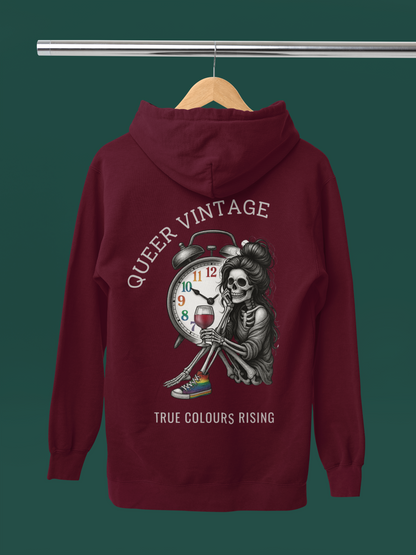 Back view of Queer Vintage -True Colours Rising Skeleton Clock Hoodie with bold vintage skeleton illustration
