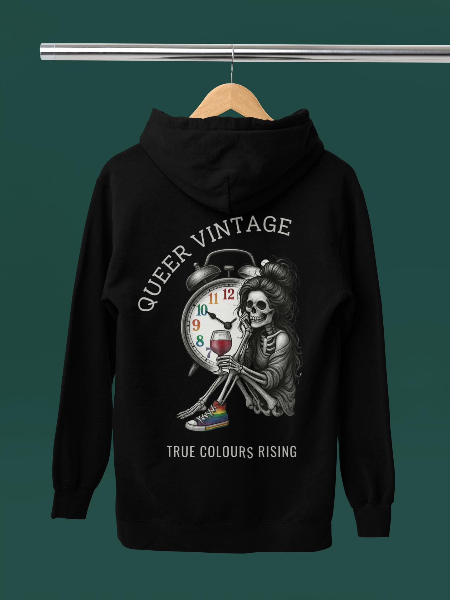 Close-up of textured print on Queer Vintage -True Colours Rising Skeleton Clock Hoodie