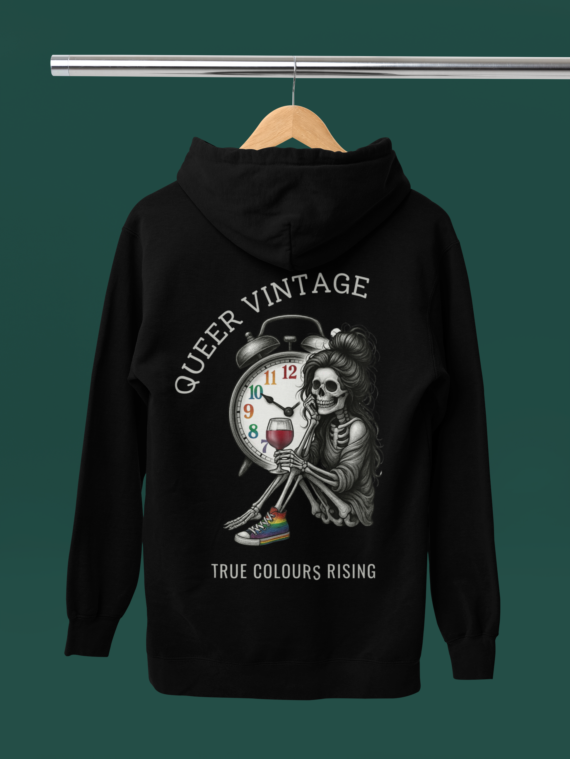 Close-up of textured print on Queer Vintage -True Colours Rising Skeleton Clock Hoodie