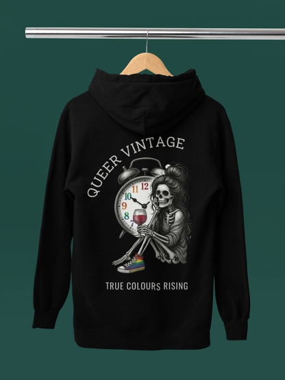 Close-up of textured print on Queer Vintage -True Colours Rising Skeleton Clock Hoodie