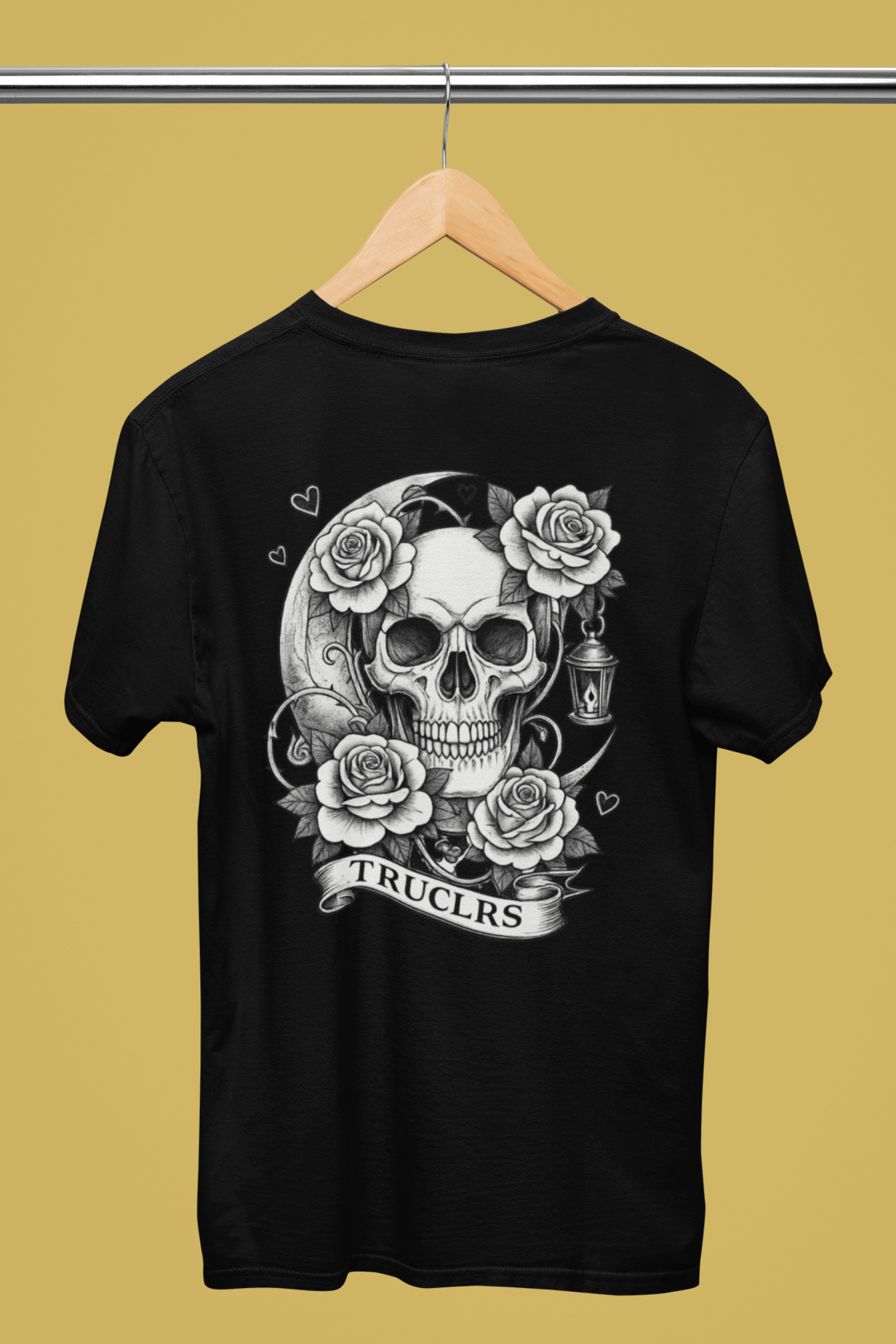 Unisex dark aesthetic shirt with moonlit skull roses on back and rose motif on front chest