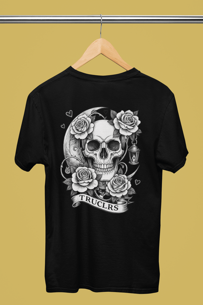 Unisex dark aesthetic shirt with moonlit skull roses on back and rose motif on front chest
