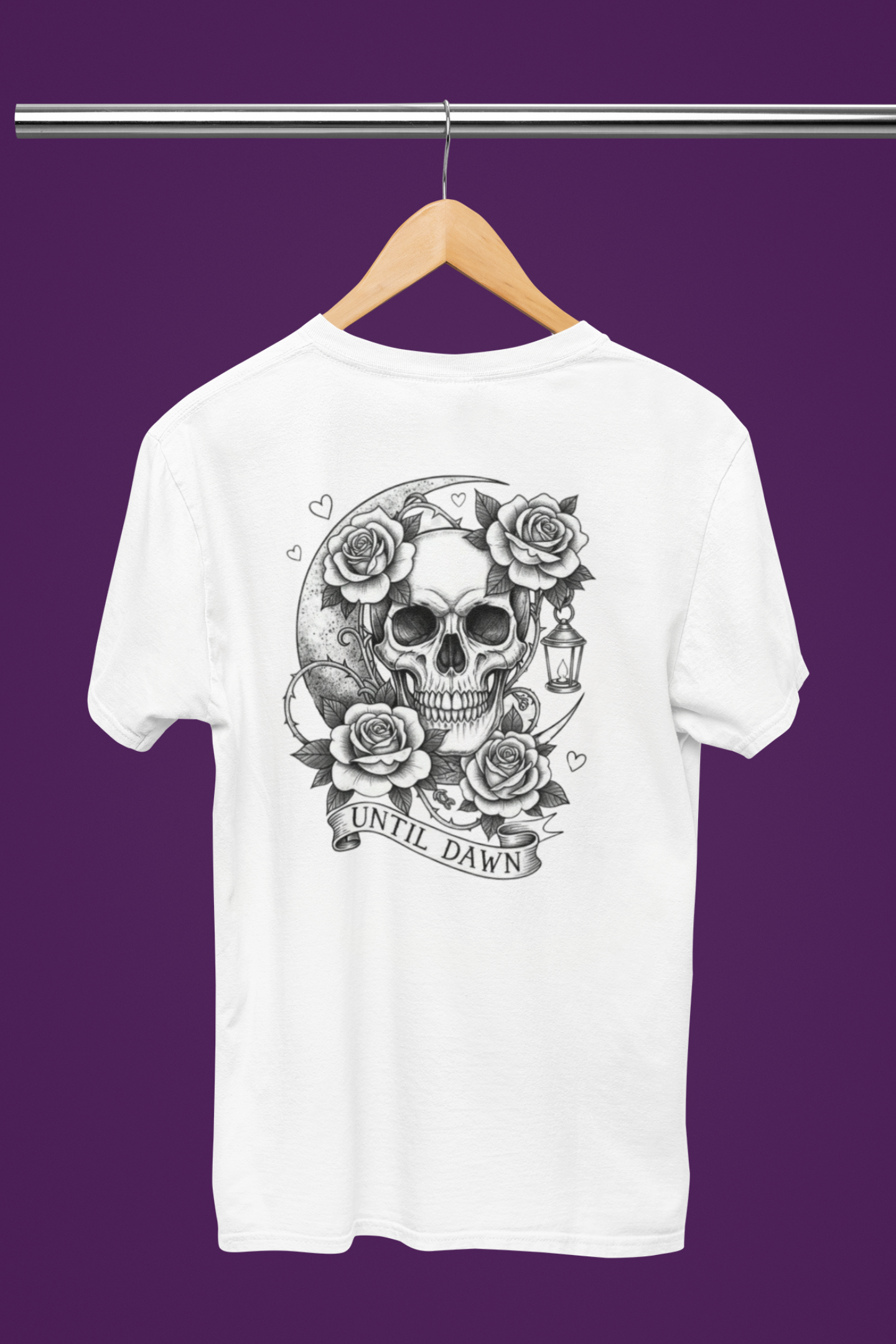 Until Dawn Skull & Rose T Shirt back graphic featuring skull roses crescent moon and lantern
