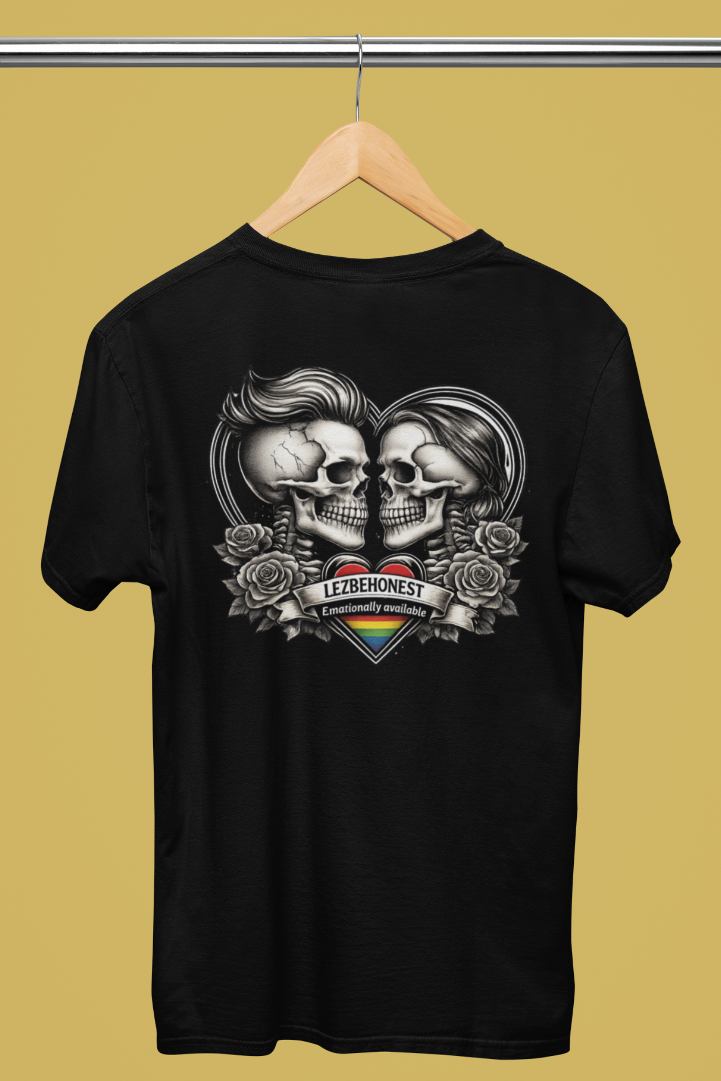 Alternative lesbian pride shirt with skull art symbolising emotional connection