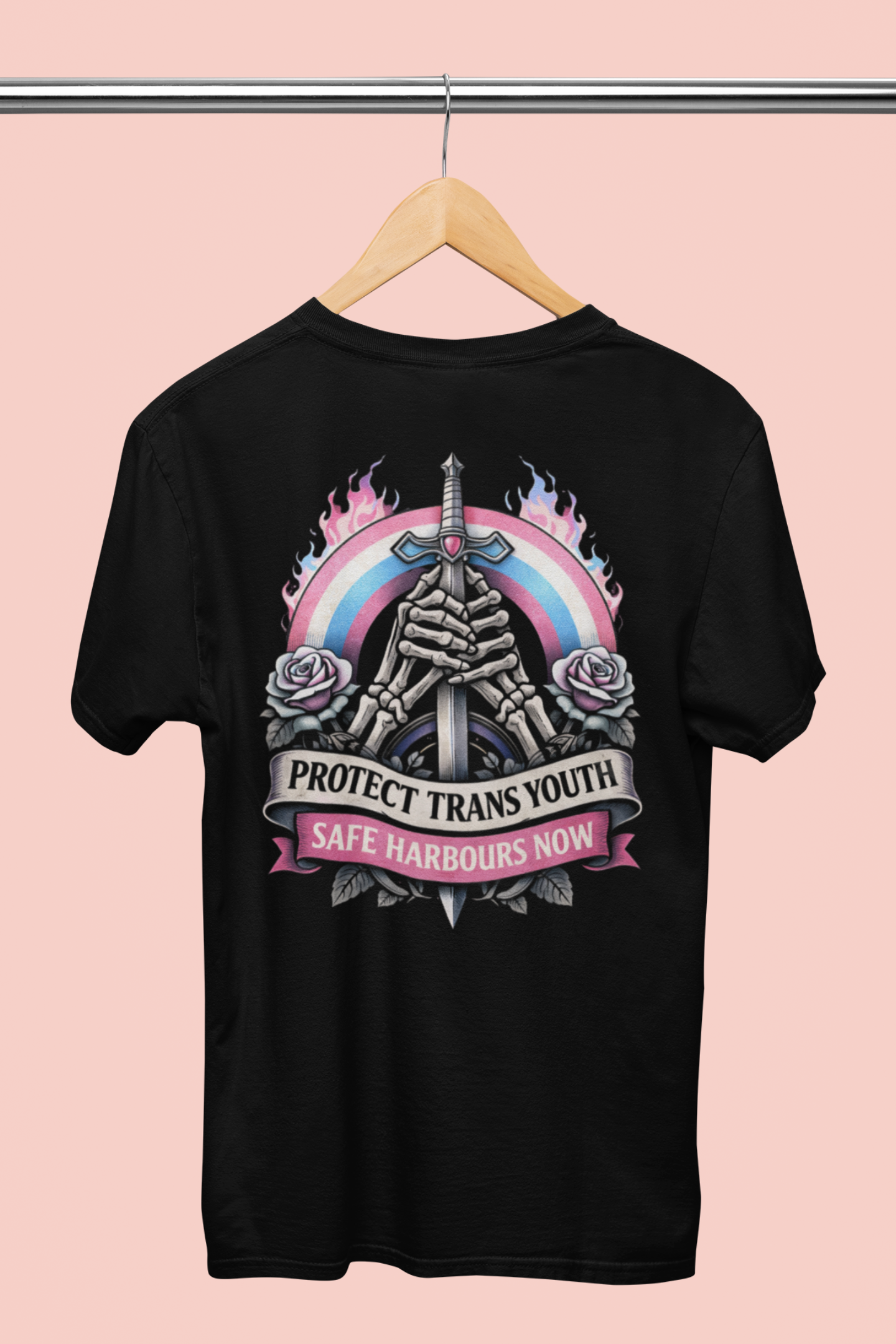Detail of skeletal hands holding sword in trans pride graphic
