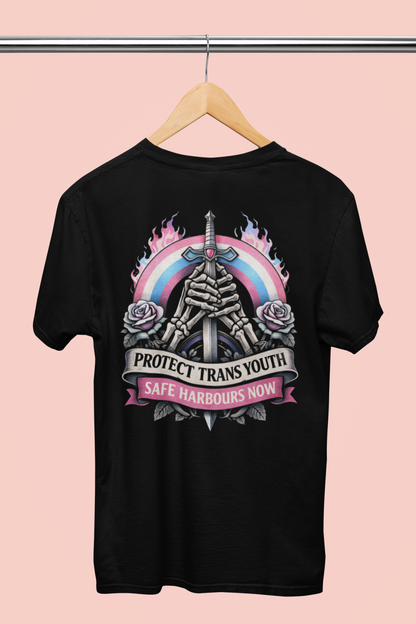 Detail of skeletal hands holding sword in trans pride graphic