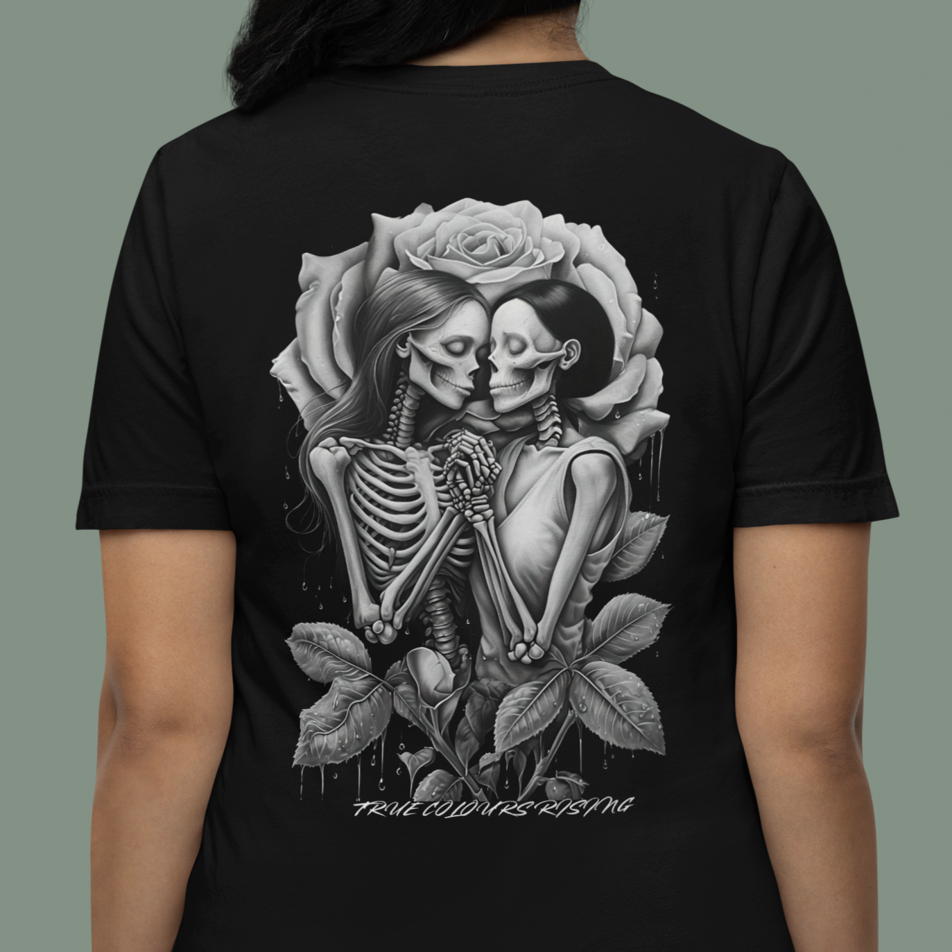 True Colours Rising black cotton tee with eternal love skeleton print
