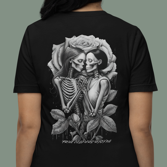 True Colours Rising black cotton tee with eternal love skeleton print