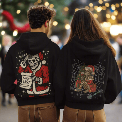 Dark holiday hoodie with detailed skeleton Santa art and Christmas theme