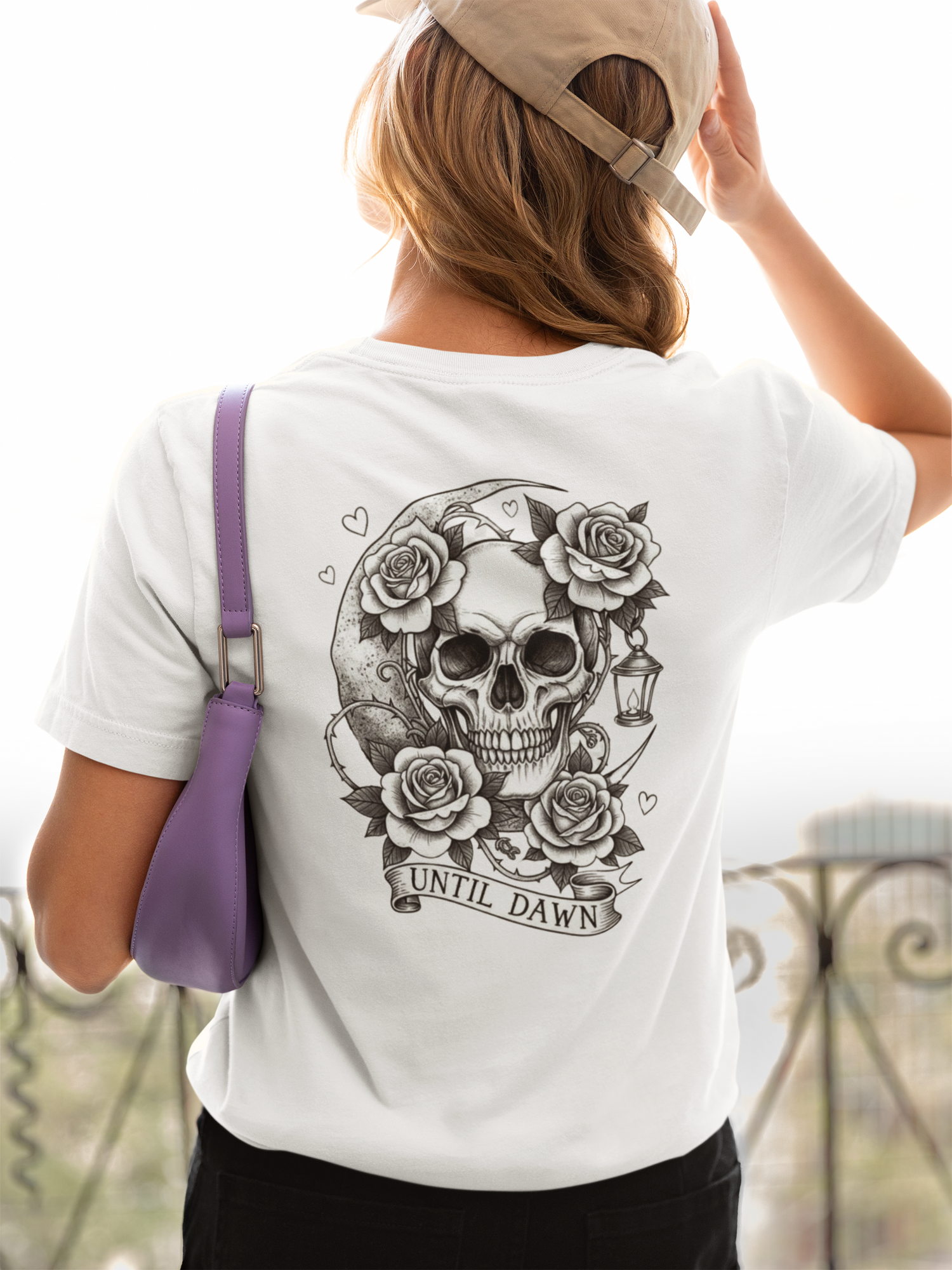 Premium Bella Canvas shirt showing front logo and back gothic skull rose illustration