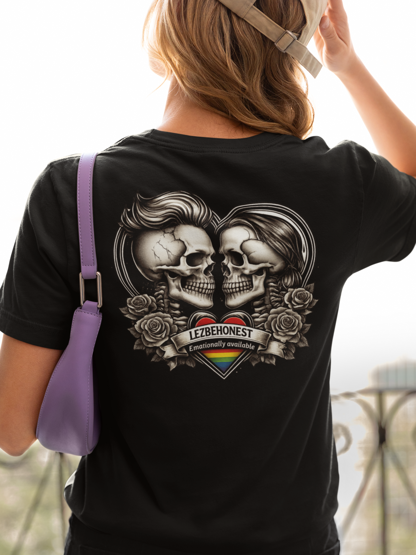 Back graphic of lesbian pride tee featuring LEZBEHONEST banner and rainbow heart