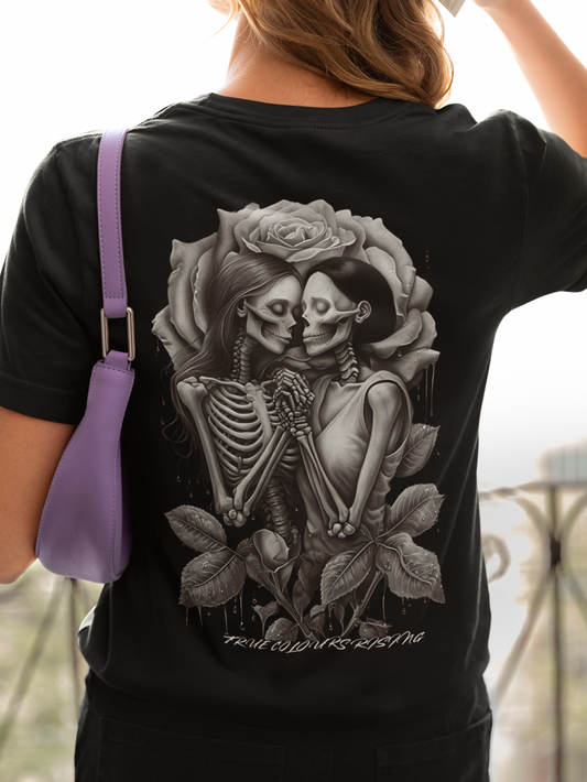 "True Love Never Dies" Skeleton Rose T-Shirt – Black,