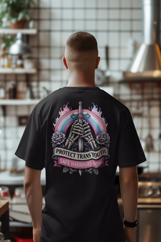 Back view of black t shirt with Protect Trans Youth Safe Harbours gothic graphic