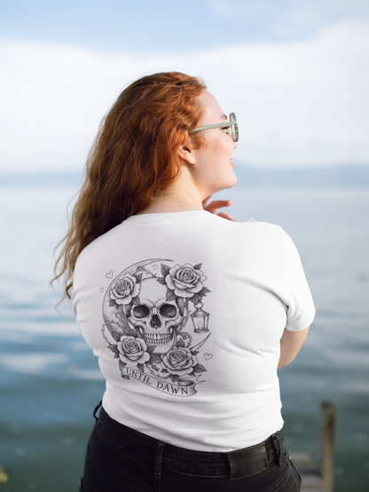Artistic skull and floral crescent moon design on back of Until Dawn Skull & Rose T Shirt