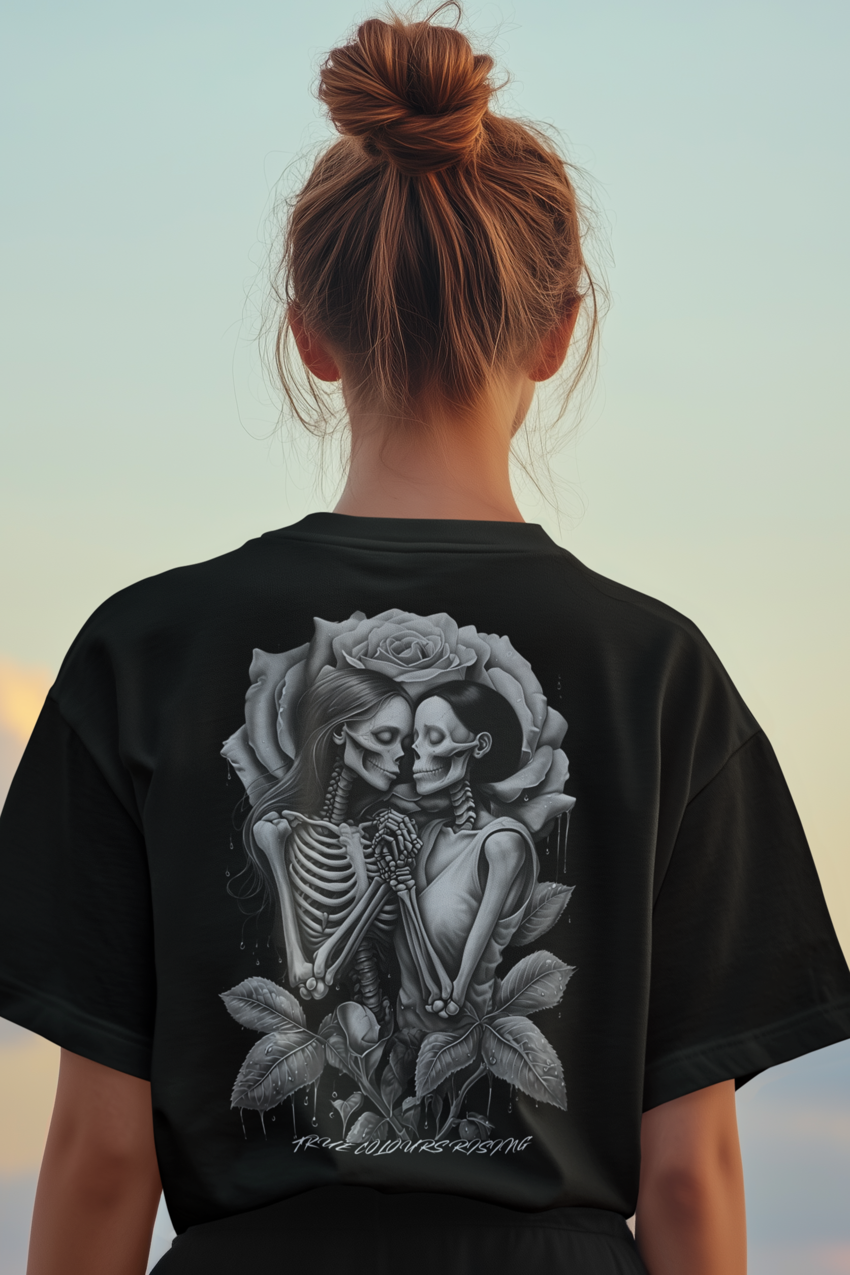 Skeleton and rose art symbolizing eternal queer love on black shirt