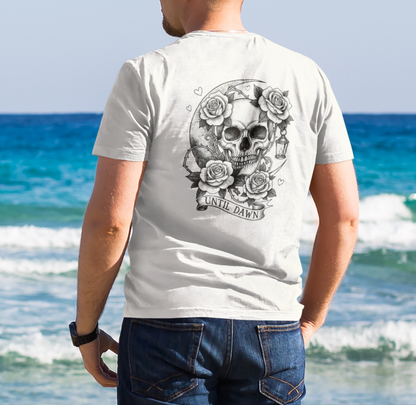 Back view of skull rose moon lantern artwork on sustainable graphic tee