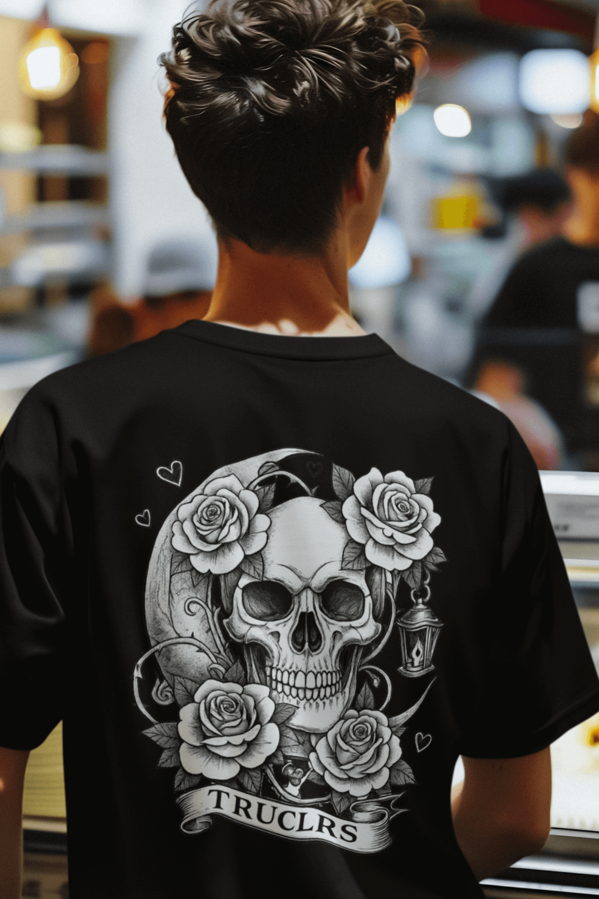 True Colours Rising black recycled cotton T-shirt with moon rose skull print and chest motif