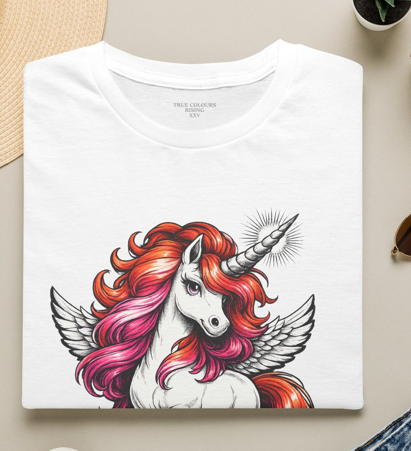 White queer streetwear t shirt with lesbian pride unicorn illustration and tattoo inspired design