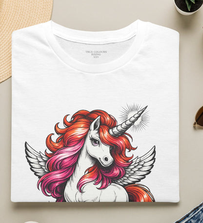 White queer streetwear t shirt with lesbian pride unicorn illustration and tattoo inspired design