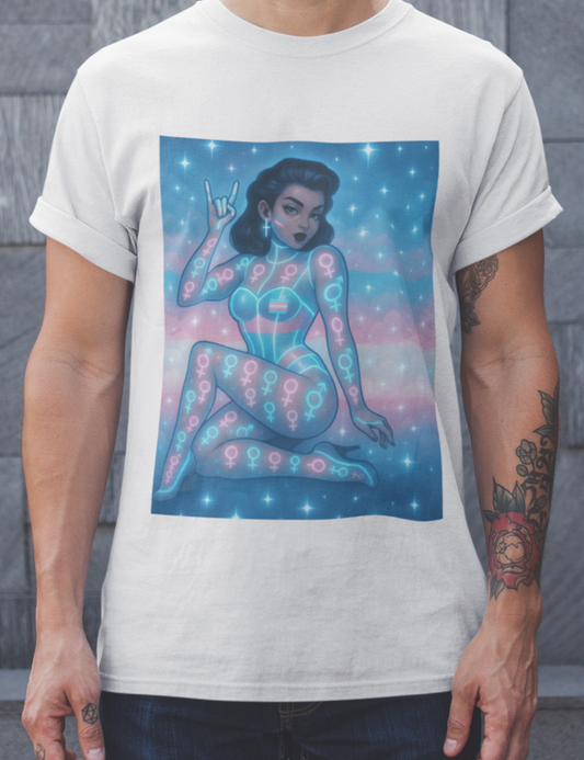 White t-shirt featuring a bold graphic design with a figure celebrating Trans Rights and pride symbols.