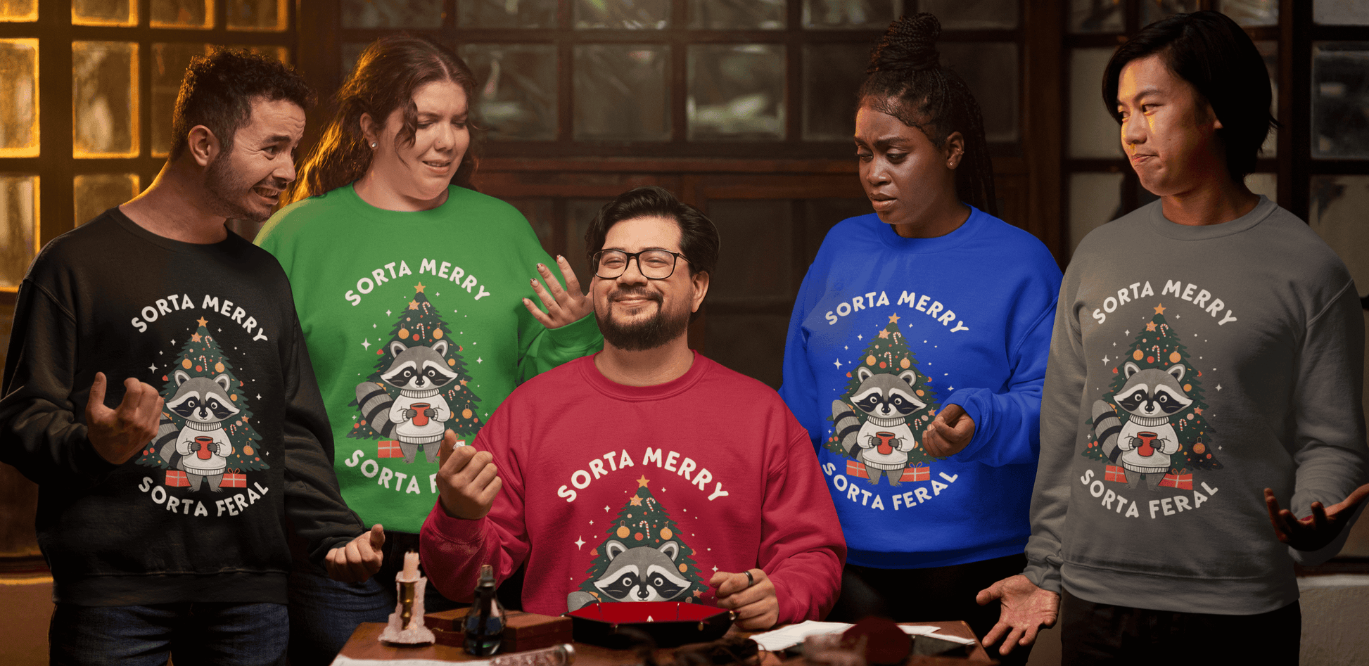 Group of friends wearing Sorta Merry Sorta Feral Christmas Jumper in festive colors, showcasing a fun holiday spirit.