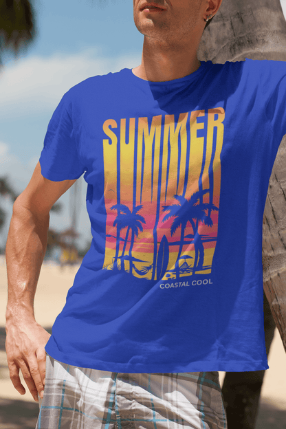 Coastal Cool premium summer tee featuring coastal sunset artwork
