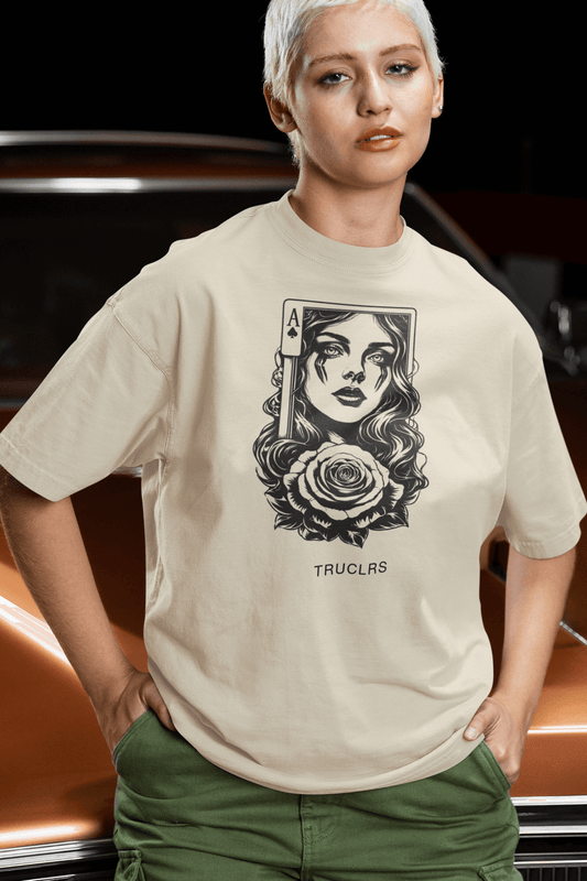 Ace of Thorns graphic t shirt with illustrated portrait and rose on natural cotton