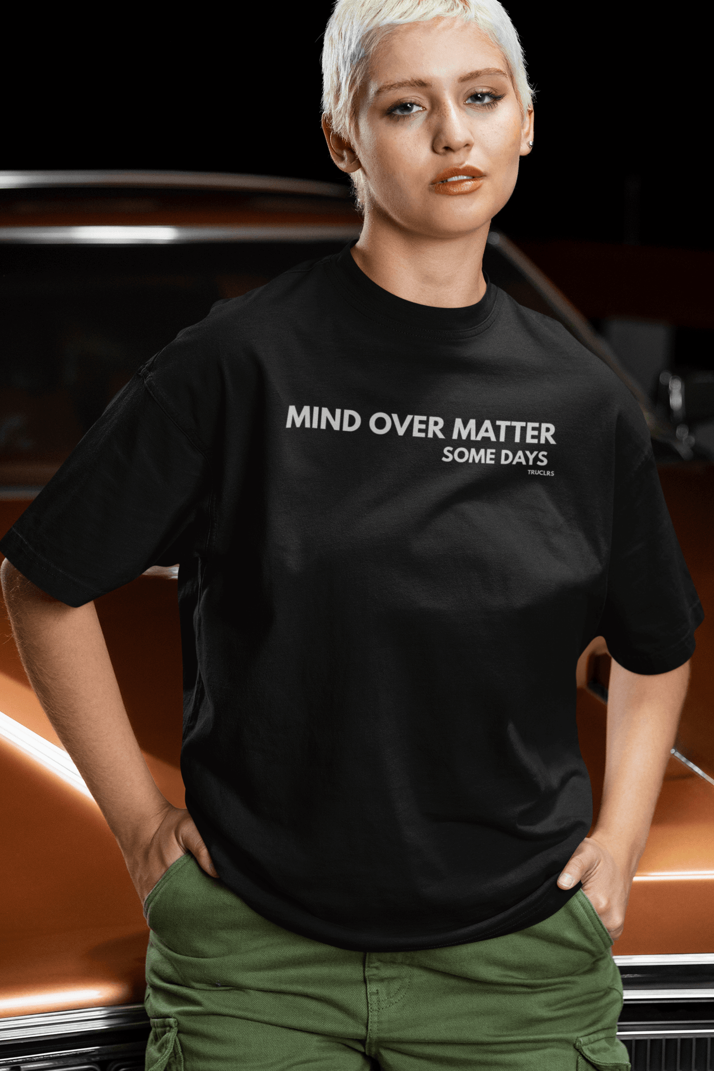 Black TRUCLRS t shirt with A T Shirt for Humans doing their best - Mind over Matter minimalist streetwear design