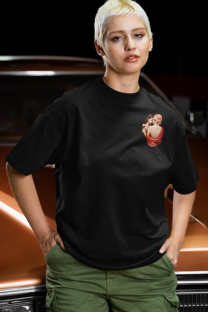 Lesbian couple art t-shirt with poetic text and subtle pride colours