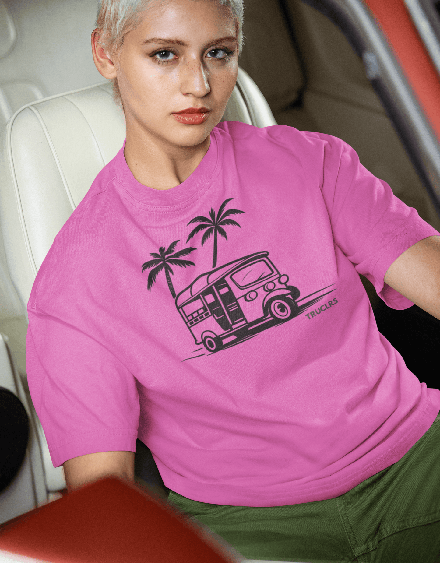 Oversized style graphic tee with travel inspired design, Bright Pink T shirt