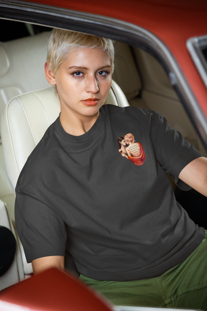 Queer romance artwork printed on black premium cotton t-shirt