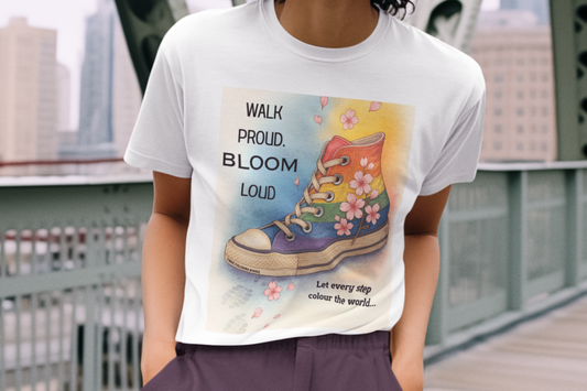 Person wearing empowering Rainbow Converse Sneaker T Shirt - Walk Proud Bloom Loud