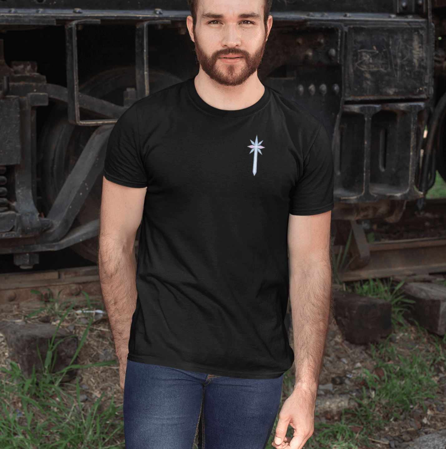 Minimalist black tee featuring a subtle pastel rune blade graphic