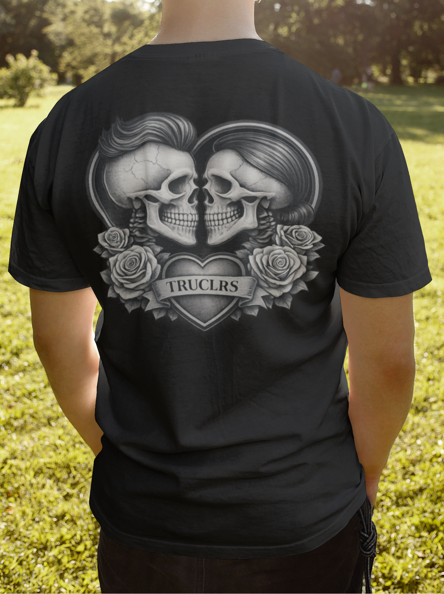 Modern gothic t-shirt with dark romance skull artwork and rose accents