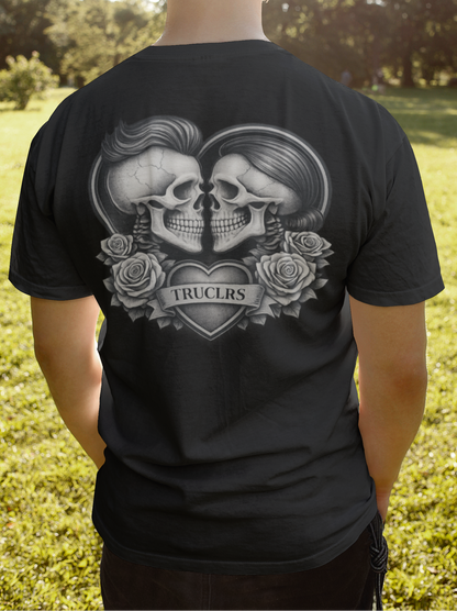 Modern gothic t-shirt with dark romance skull artwork and rose accents