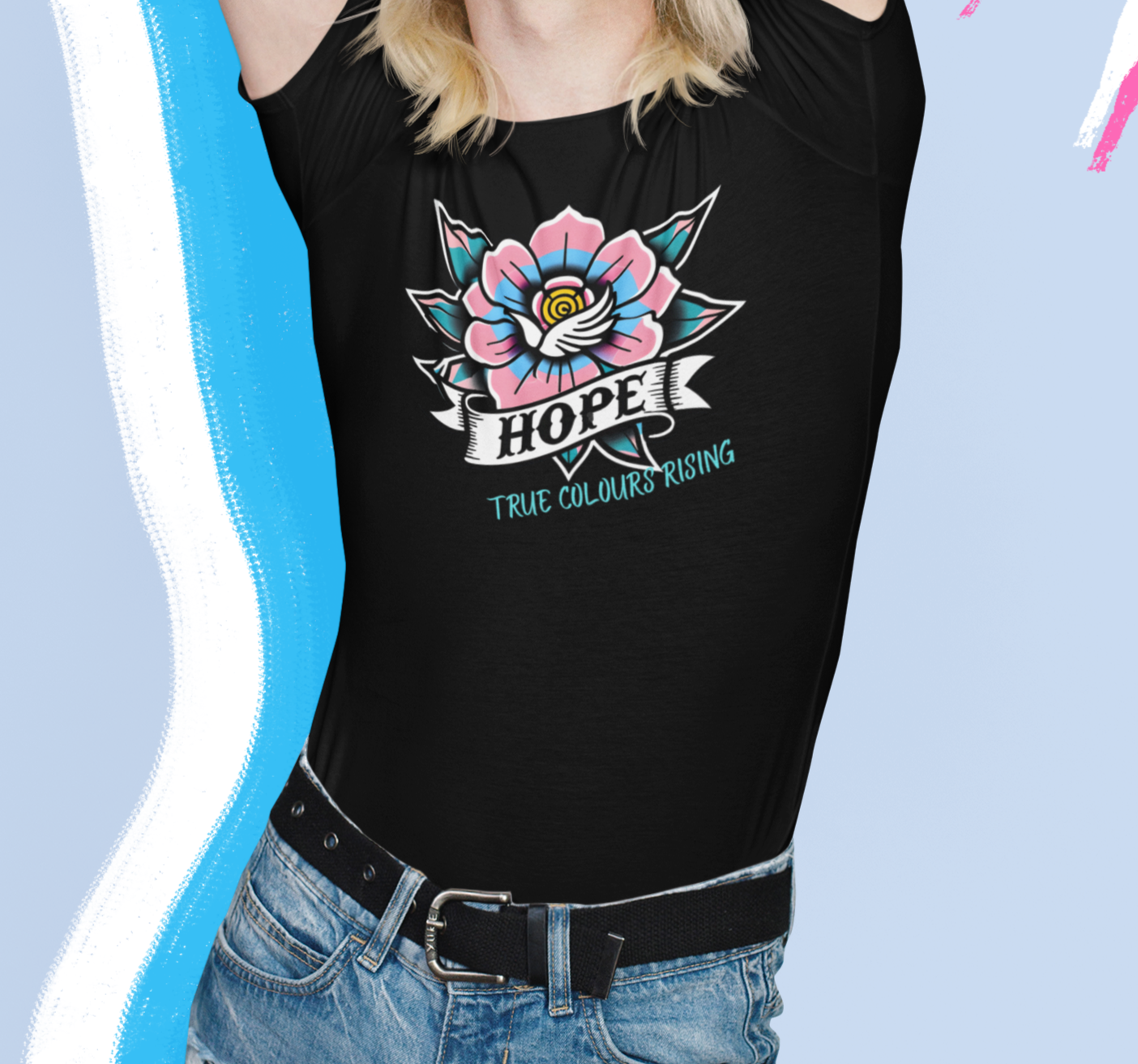 Trans pride lotus-style flower tattoo with banner text HOPE for empowerment fashion.