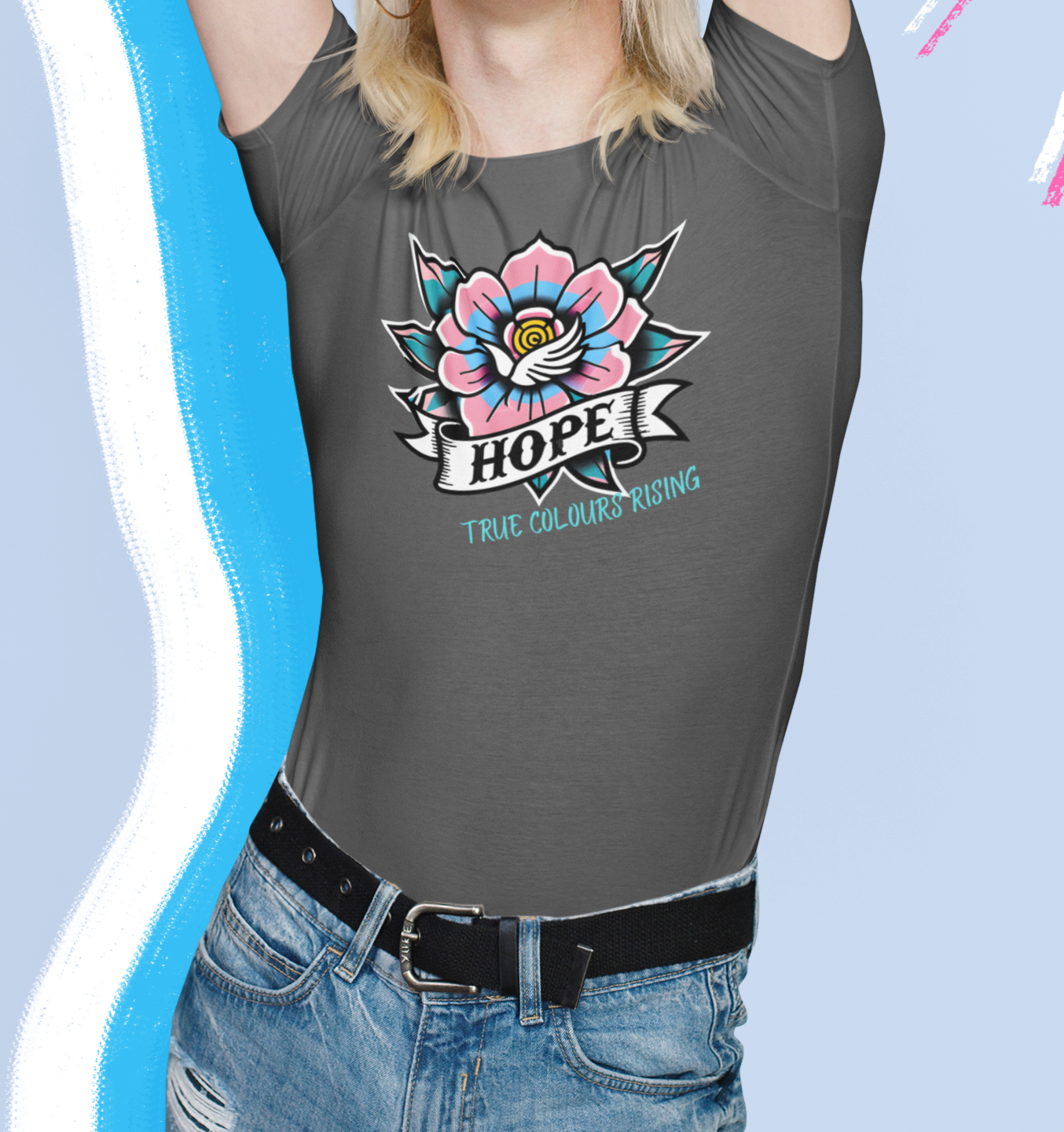 Tattoo-style trans pride flower design with HOPE banner and True Colours Rising text
