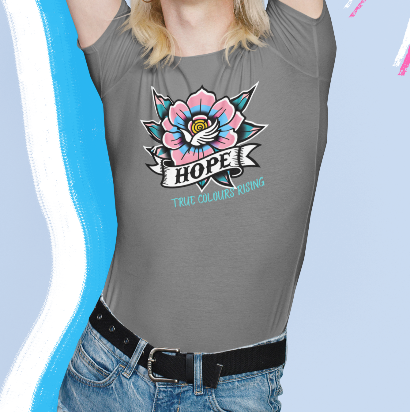Unisex trans pride flower hope shirt in tattoo flash style by True Colours Rising