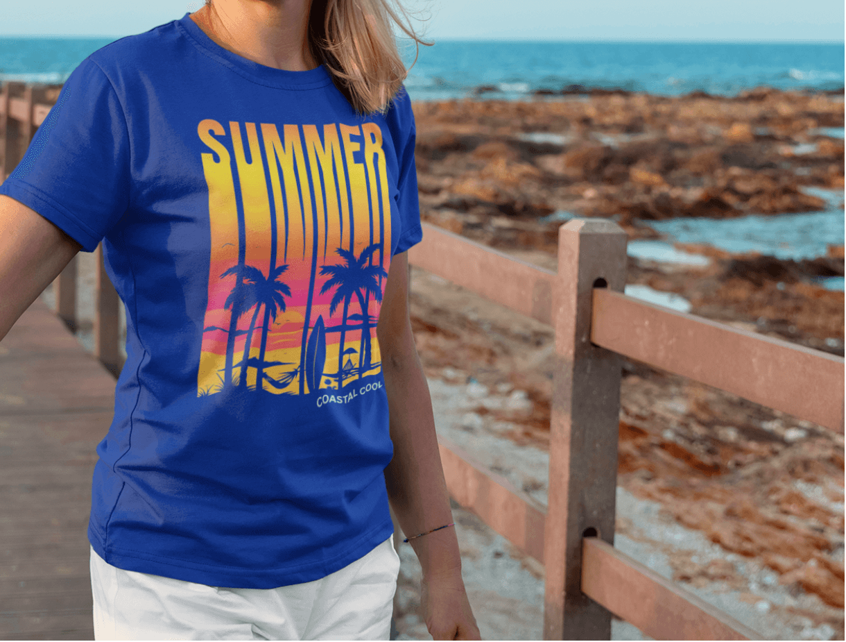Coastal Cool vibrant blue graphic t shirt with sunset beach design