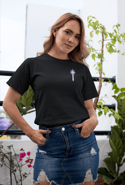 Black t-shirt with a small vertical rune blade symbol printed on the left chest