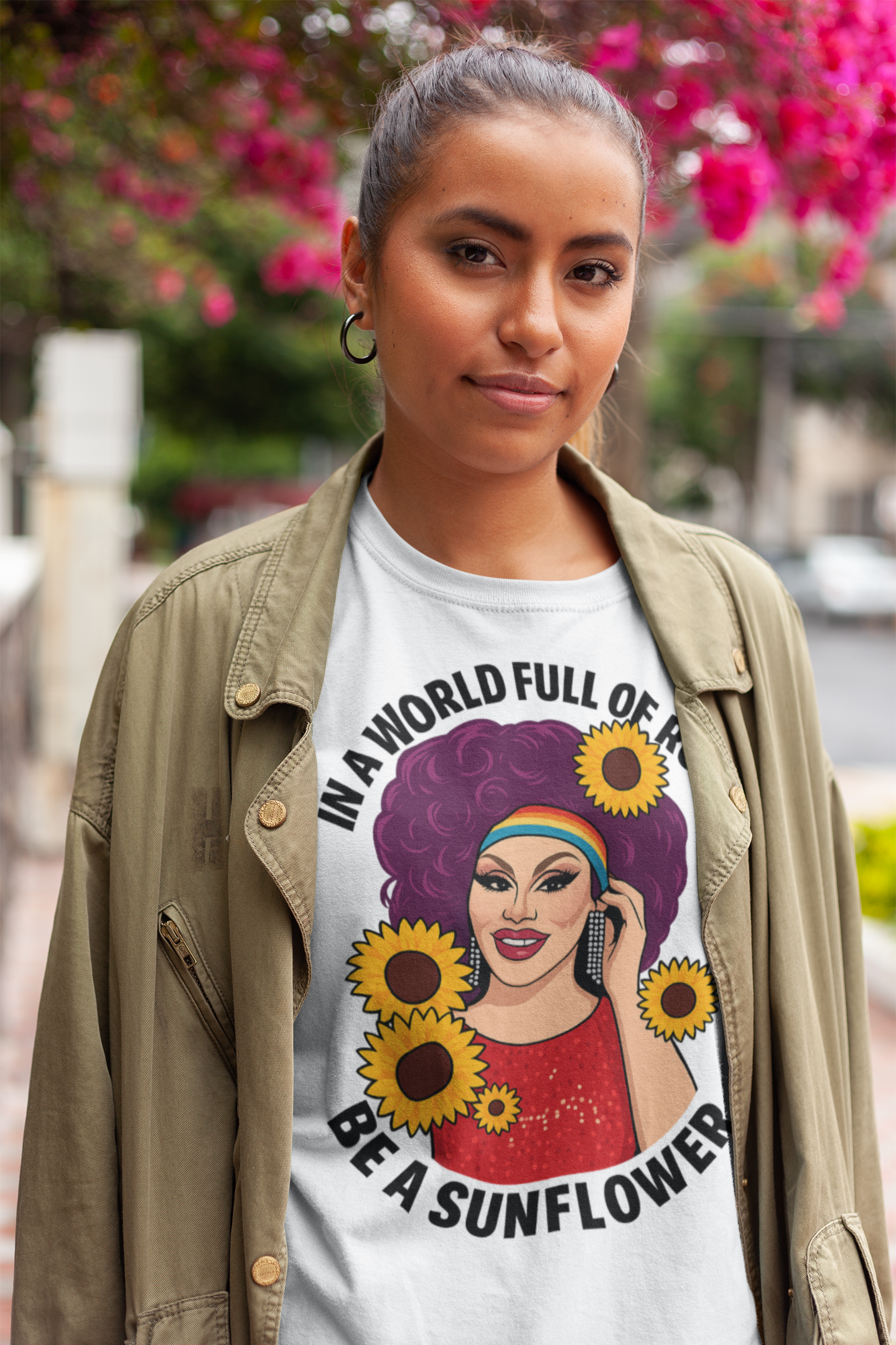 Inspiring queer streetwear shirt with sunflower design and confidence-boosting slogan
